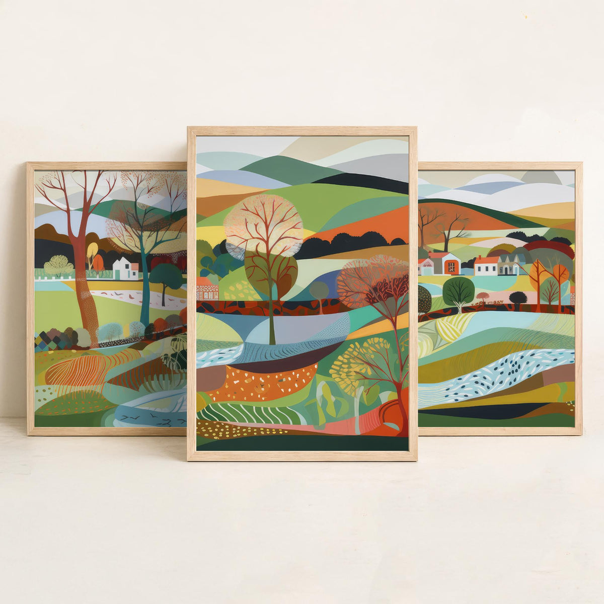 Rainbow Landscape Drawing Set of Three Art Prints - Trees, Hills and Lakes - Patchwork Folk Countryside Poster Illustration V1