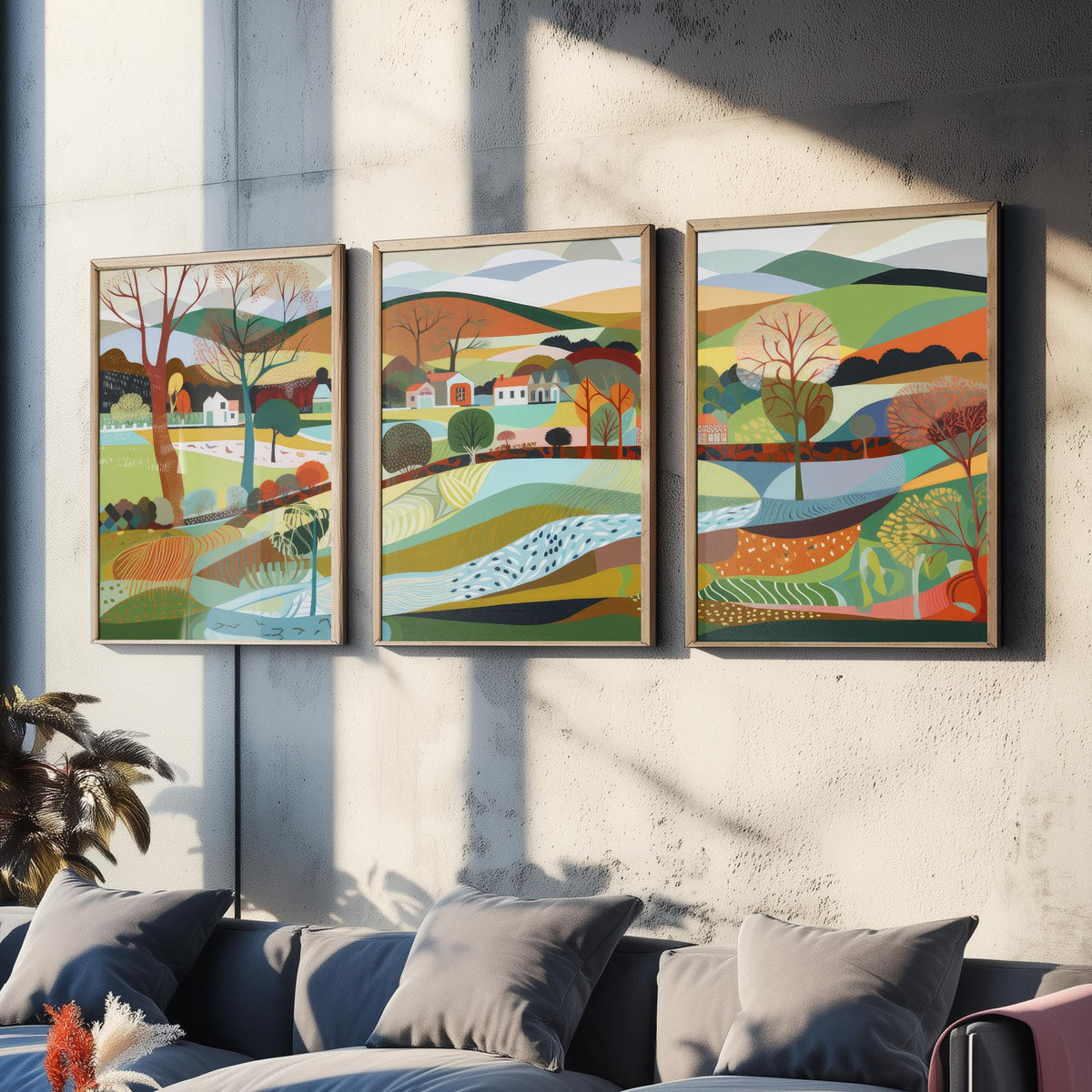 Rainbow Landscape Drawing Set of Three Art Prints - Trees, Hills and Lakes - Patchwork Folk Countryside Poster Illustration V1
