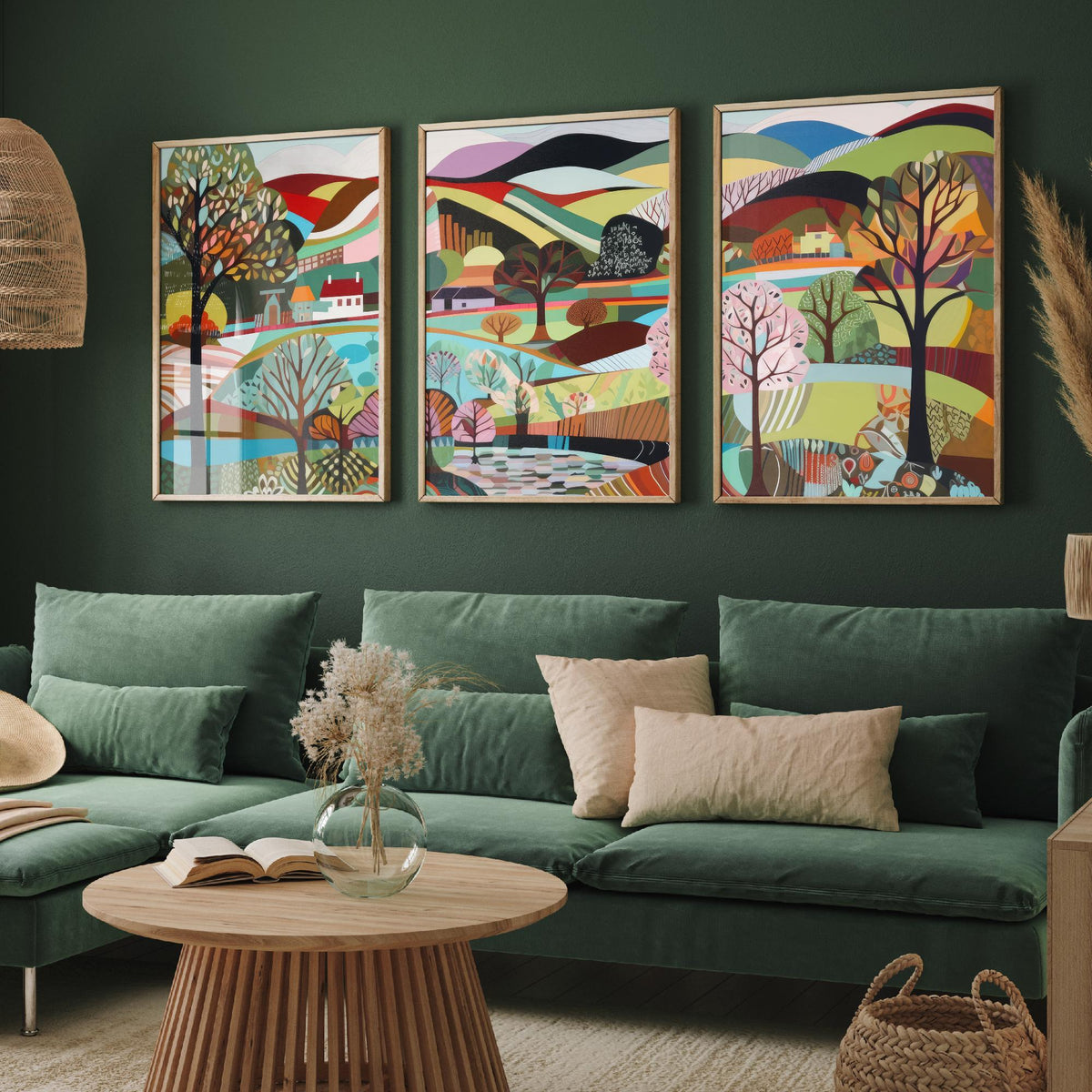 Rainbow Landscape Drawing Set of Three Art Prints - Trees, Lakes and Farmhouses - Colourful Folk Countryside Poster Illustration V2