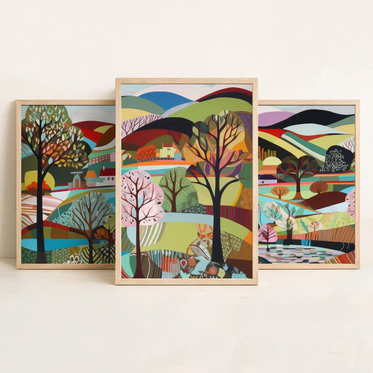 Rainbow Landscape Drawing Set of Three Art Prints - Trees, Lakes and Farmhouses - Colourful Folk Countryside Poster Illustration V2