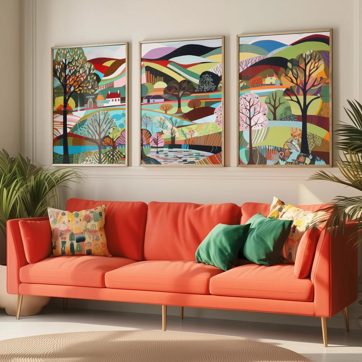 Rainbow Landscape Drawing Set of Three Art Prints - Trees, Lakes and Farmhouses - Colourful Folk Countryside Poster Illustration V2