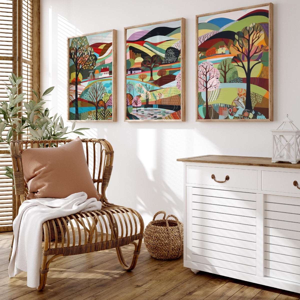 Rainbow Landscape Drawing Set of Three Art Prints - Trees, Lakes and Farmhouses - Colourful Folk Countryside Poster Illustration V2
