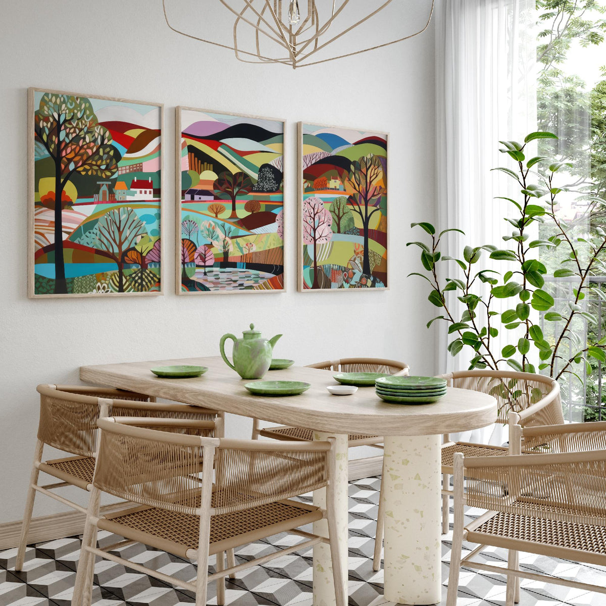 Rainbow Landscape Drawing Set of Three Art Prints - Trees, Lakes and Farmhouses - Colourful Folk Countryside Poster Illustration V2