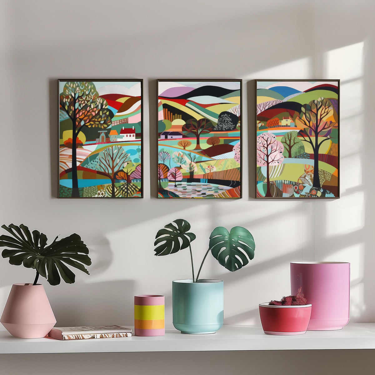 Rainbow Landscape Drawing Set of Three Art Prints - Trees, Lakes and Farmhouses - Colourful Folk Countryside Poster Illustration V2
