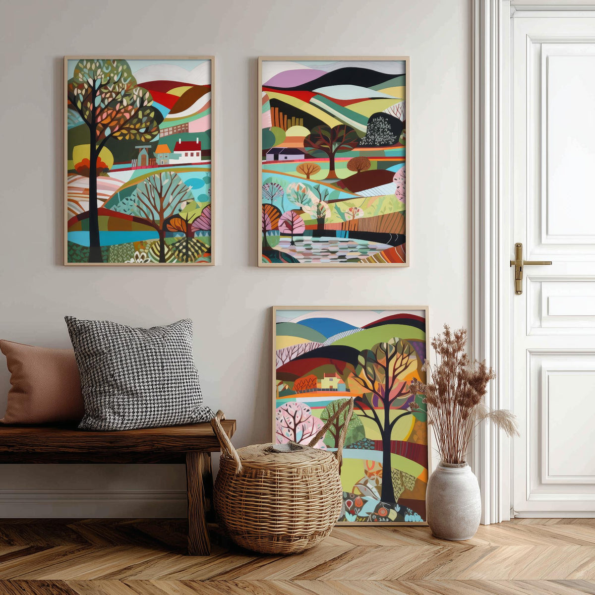 Rainbow Landscape Drawing Set of Three Art Prints - Trees, Lakes and Farmhouses - Colourful Folk Countryside Poster Illustration V2