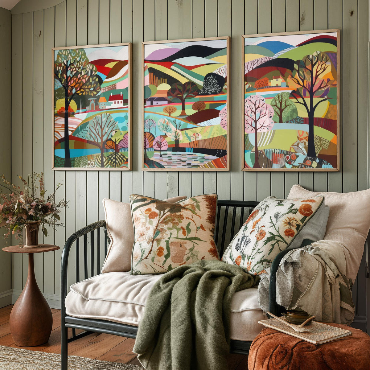 Rainbow Landscape Drawing Set of Three Art Prints - Trees, Lakes and Farmhouses - Colourful Folk Countryside Poster Illustration V2