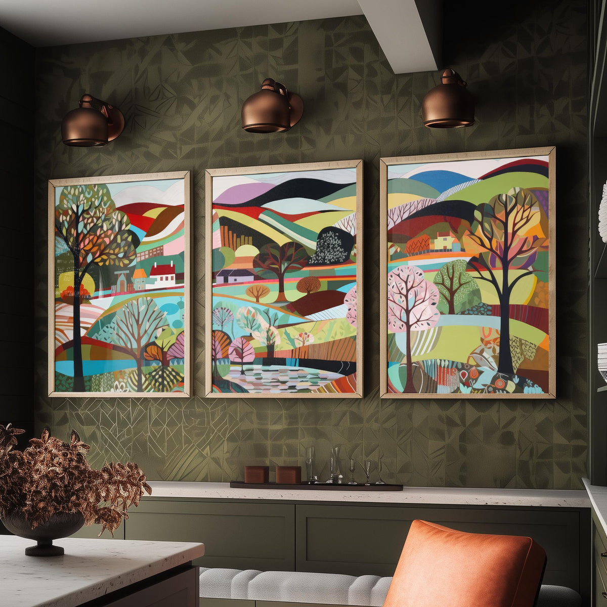 Rainbow Landscape Drawing Set of Three Art Prints - Trees, Lakes and Farmhouses - Colourful Folk Countryside Poster Illustration V2