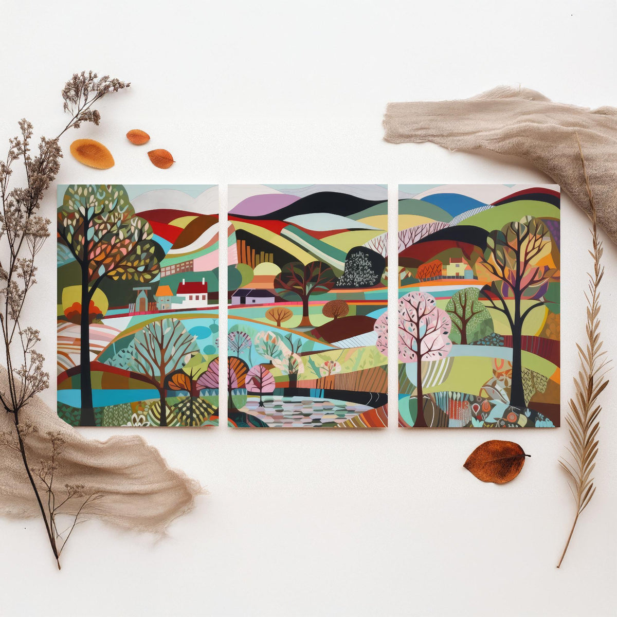 Rainbow Landscape Drawing Set of Three Art Prints - Trees, Lakes and Farmhouses - Colourful Folk Countryside Poster Illustration V2