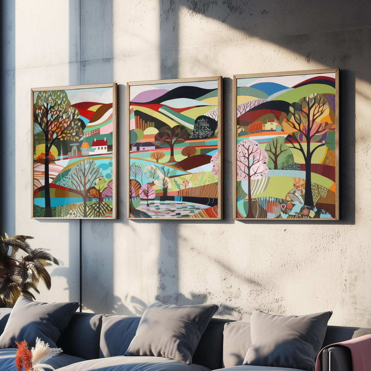 Rainbow Landscape Drawing Set of Three Art Prints - Trees, Lakes and Farmhouses - Colourful Folk Countryside Poster Illustration V2