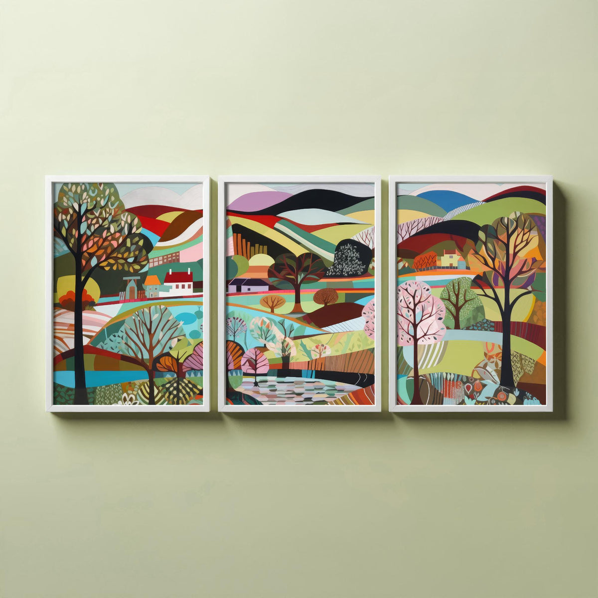 Rainbow Landscape Drawing Set of Three Art Prints - Trees, Lakes and Farmhouses - Colourful Folk Countryside Poster Illustration V2