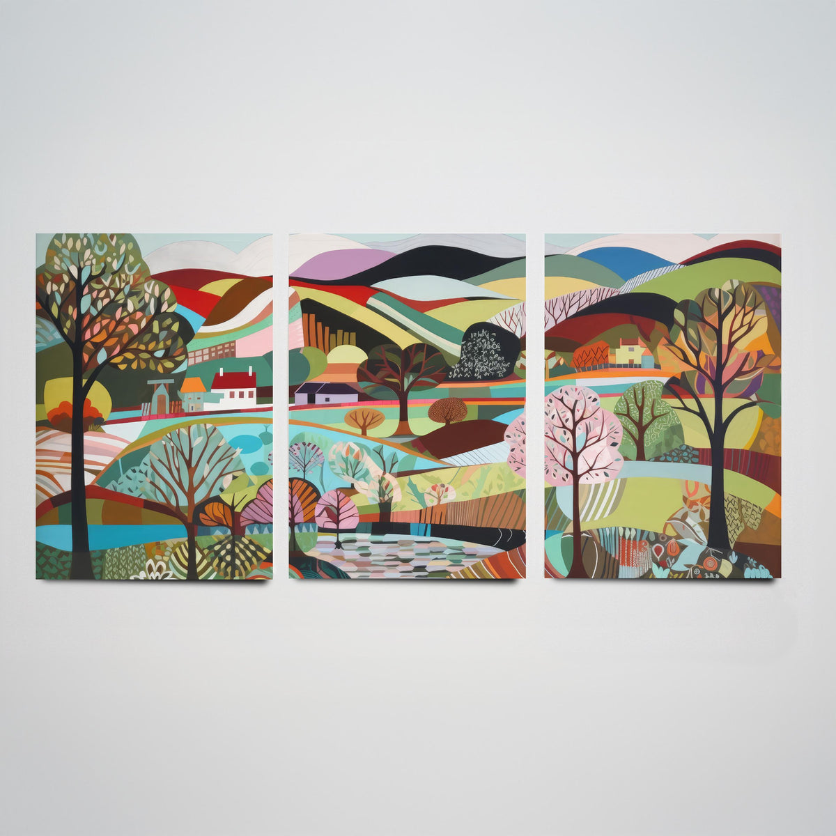 Rainbow Landscape Drawing Set of Three Art Prints - Trees, Lakes and Farmhouses - Colourful Folk Countryside Poster Illustration V2