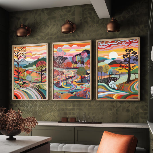 Rainbow Swirl Landscape Drawing Set of Three Art Prints - Trees, Hills and River - Psychedelic Folk Countryside Poster Illustration