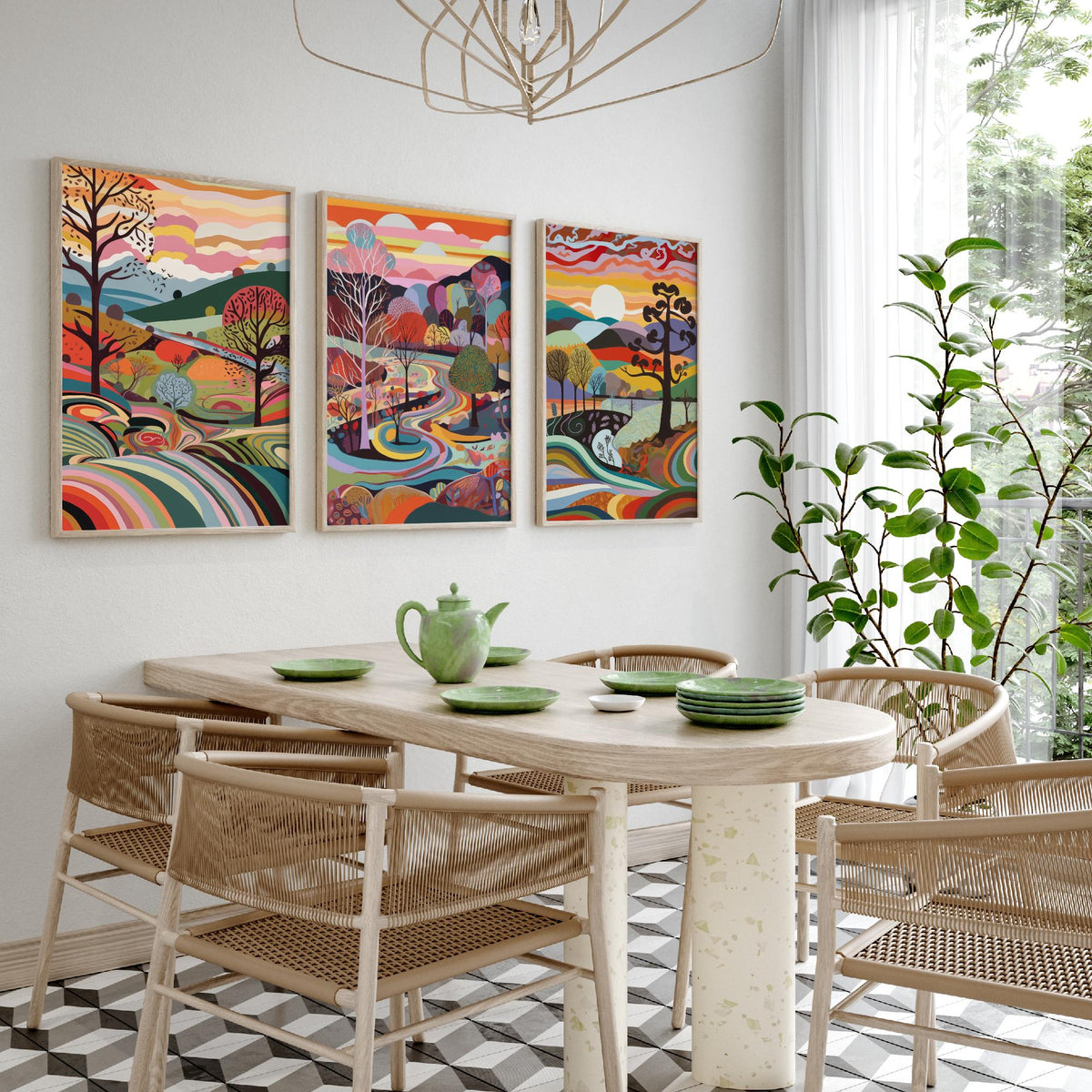Rainbow Swirl Landscape Drawing Set of Three Art Prints - Trees, Hills and River - Psychedelic Folk Countryside Poster Illustration