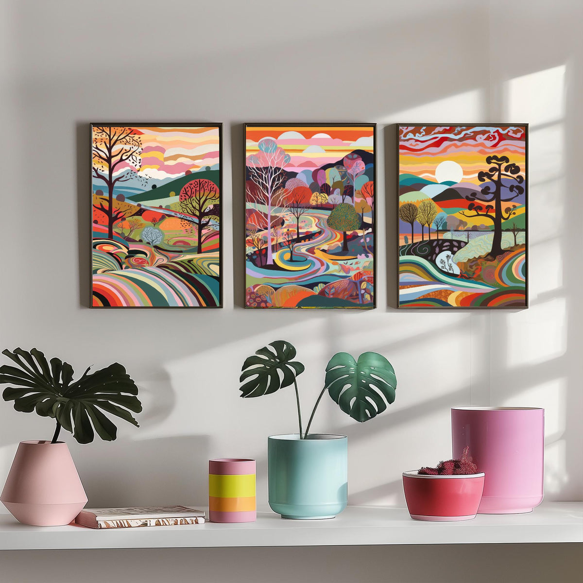 Rainbow Swirl Landscape Drawing Set of Three Art Prints - Trees, Hills and River - Psychedelic Folk Countryside Poster Illustration