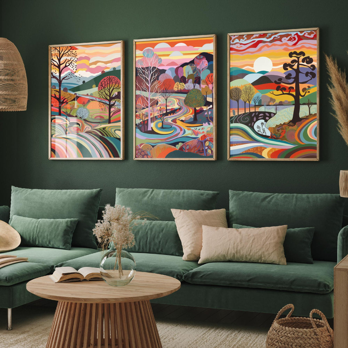 Rainbow Swirl Landscape Drawing Set of Three Art Prints - Trees, Hills and River - Psychedelic Folk Countryside Poster Illustration