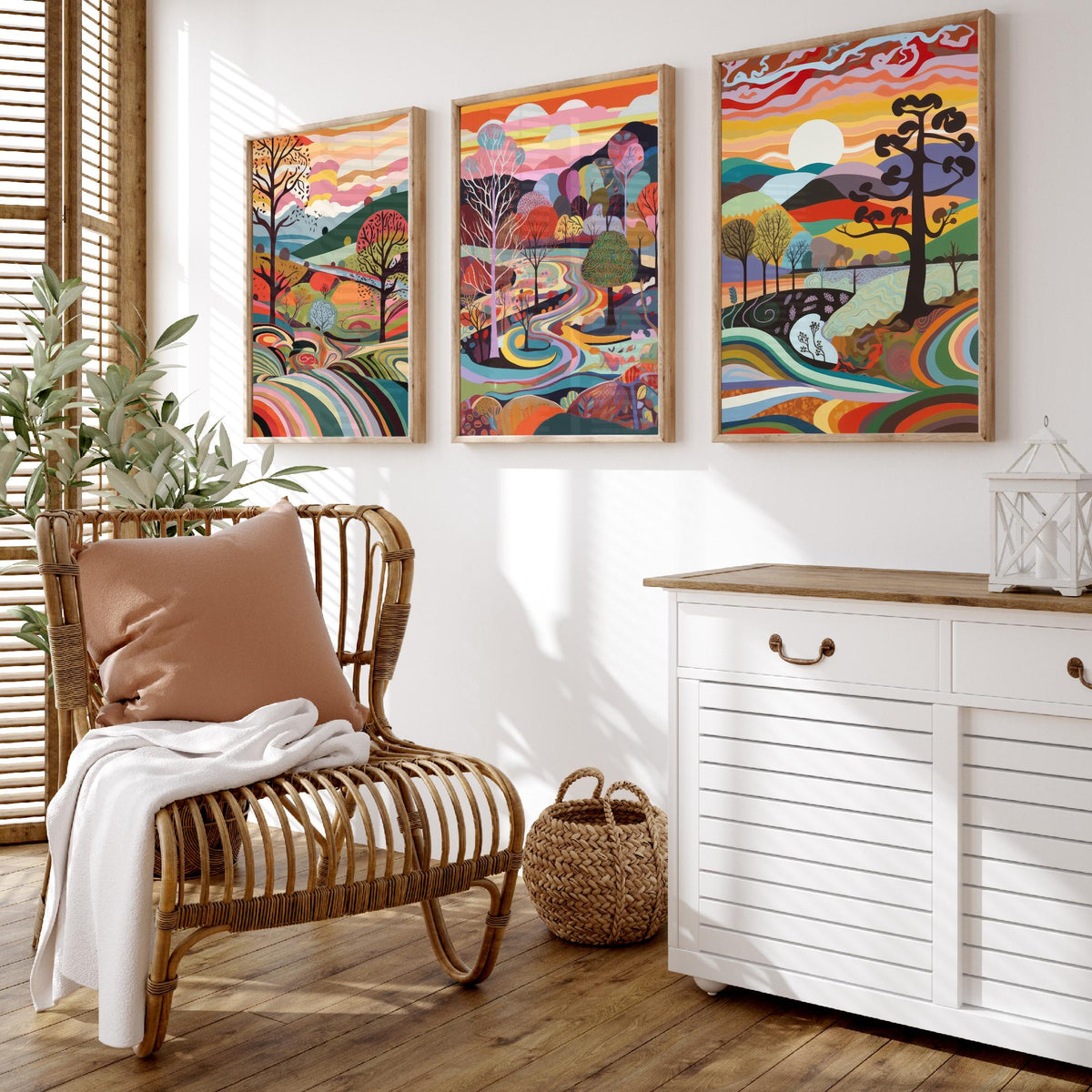 Rainbow Swirl Landscape Drawing Set of Three Art Prints - Trees, Hills and River - Psychedelic Folk Countryside Poster Illustration