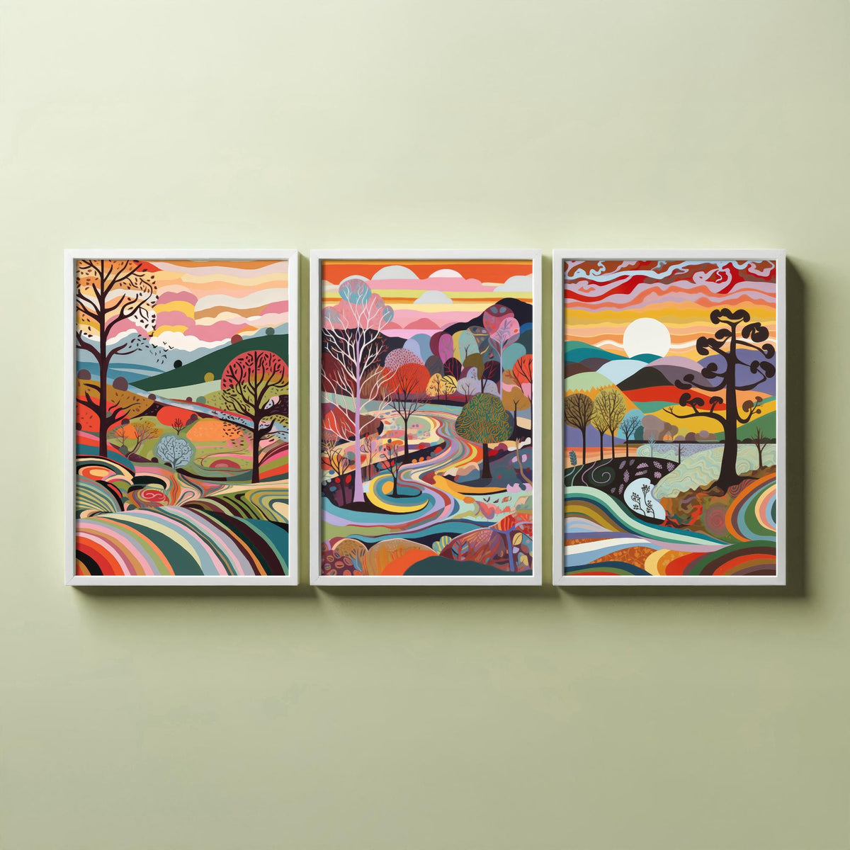 Rainbow Swirl Landscape Drawing Set of Three Art Prints - Trees, Hills and River - Psychedelic Folk Countryside Poster Illustration