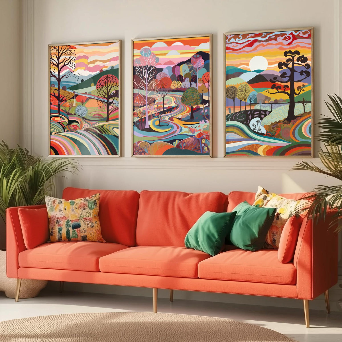 Rainbow Swirl Landscape Drawing Set of Three Art Prints - Trees, Hills and River - Psychedelic Folk Countryside Poster Illustration