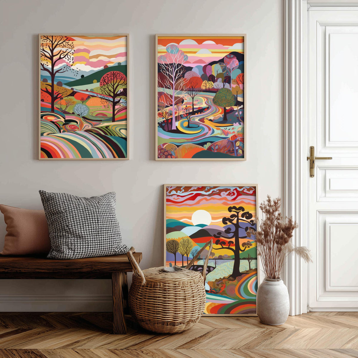 Rainbow Swirl Landscape Drawing Set of Three Art Prints - Trees, Hills and River - Psychedelic Folk Countryside Poster Illustration