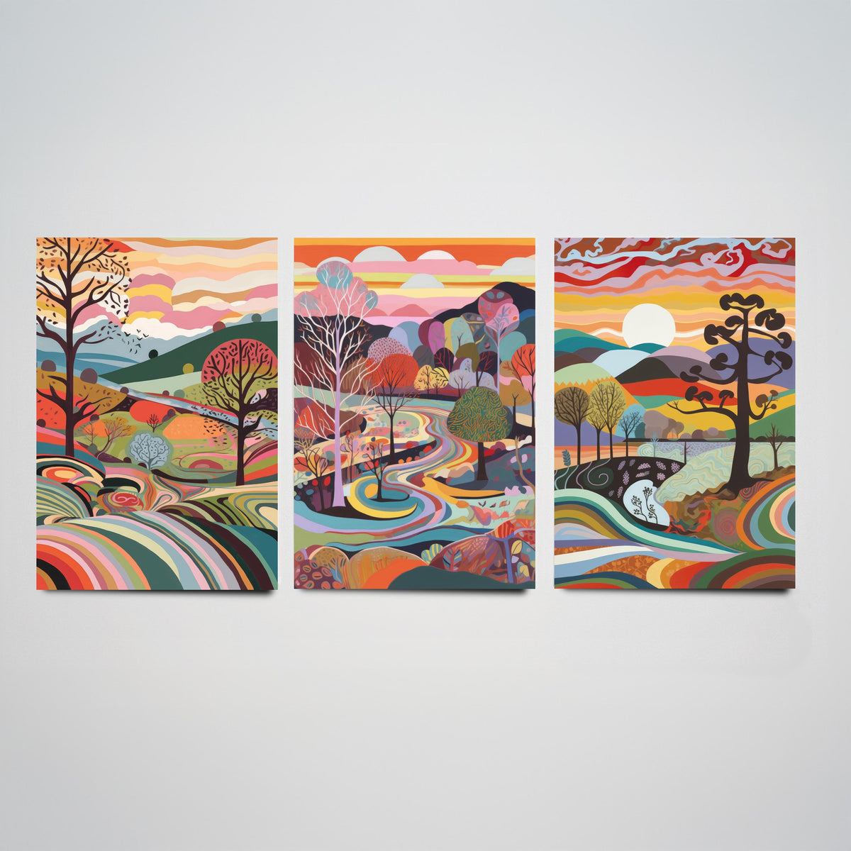 Rainbow Swirl Landscape Drawing Set of Three Art Prints - Trees, Hills and River - Psychedelic Folk Countryside Poster Illustration