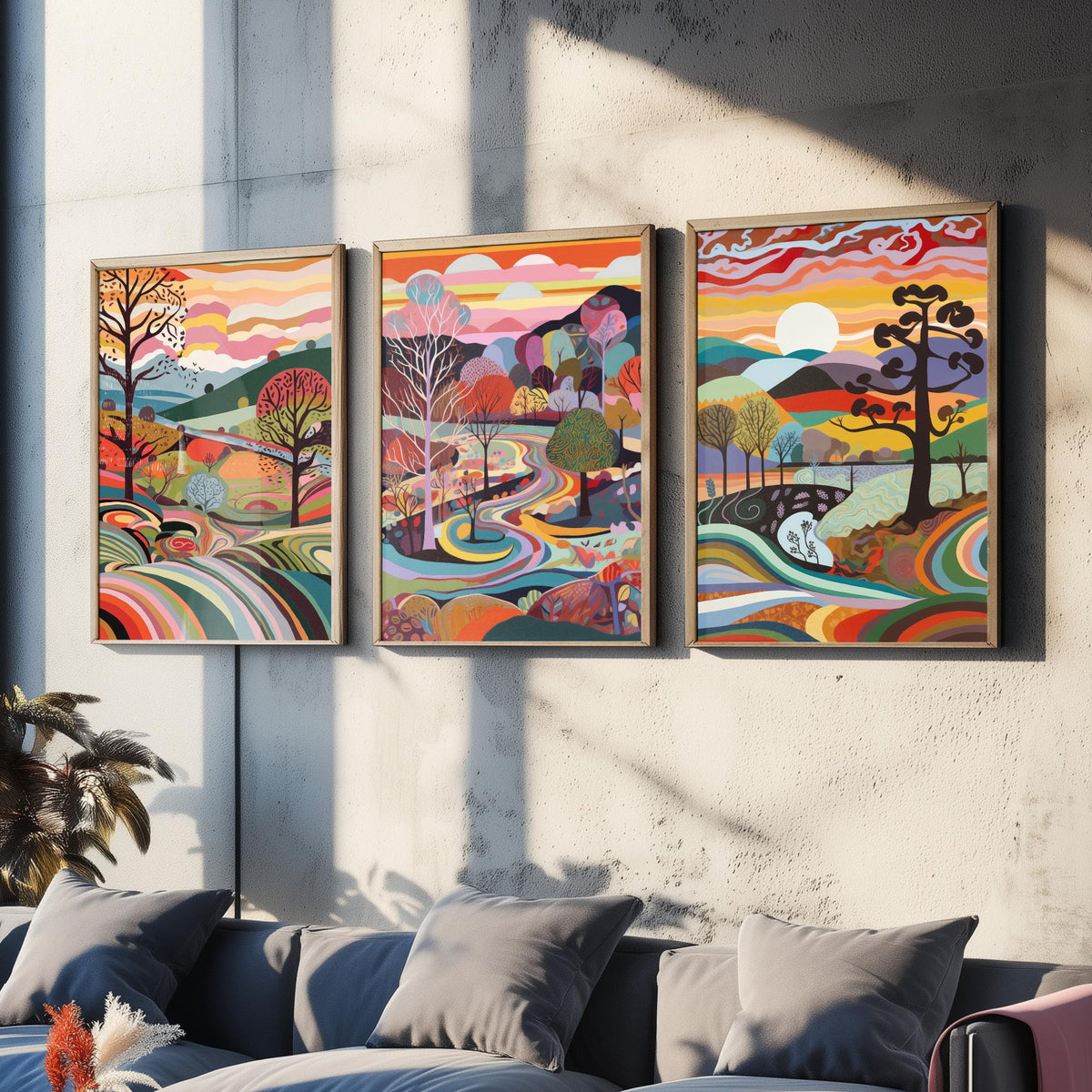 Rainbow Swirl Landscape Drawing Set of Three Art Prints - Trees, Hills and River - Psychedelic Folk Countryside Poster Illustration