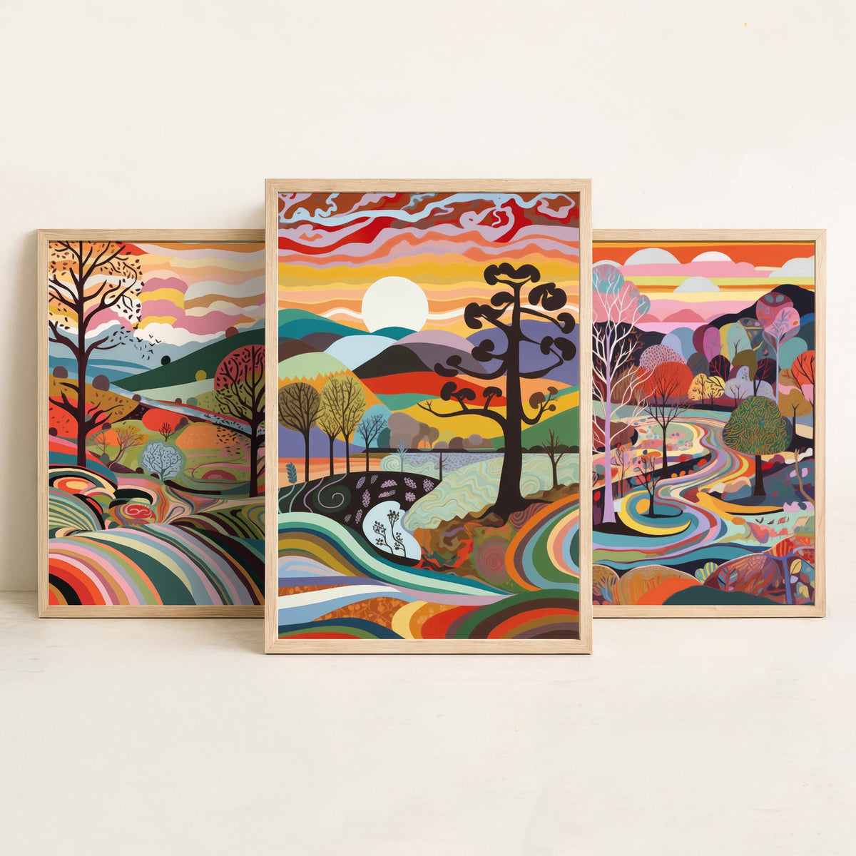 Rainbow Swirl Landscape Drawing Set of Three Art Prints - Trees, Hills and River - Psychedelic Folk Countryside Poster Illustration