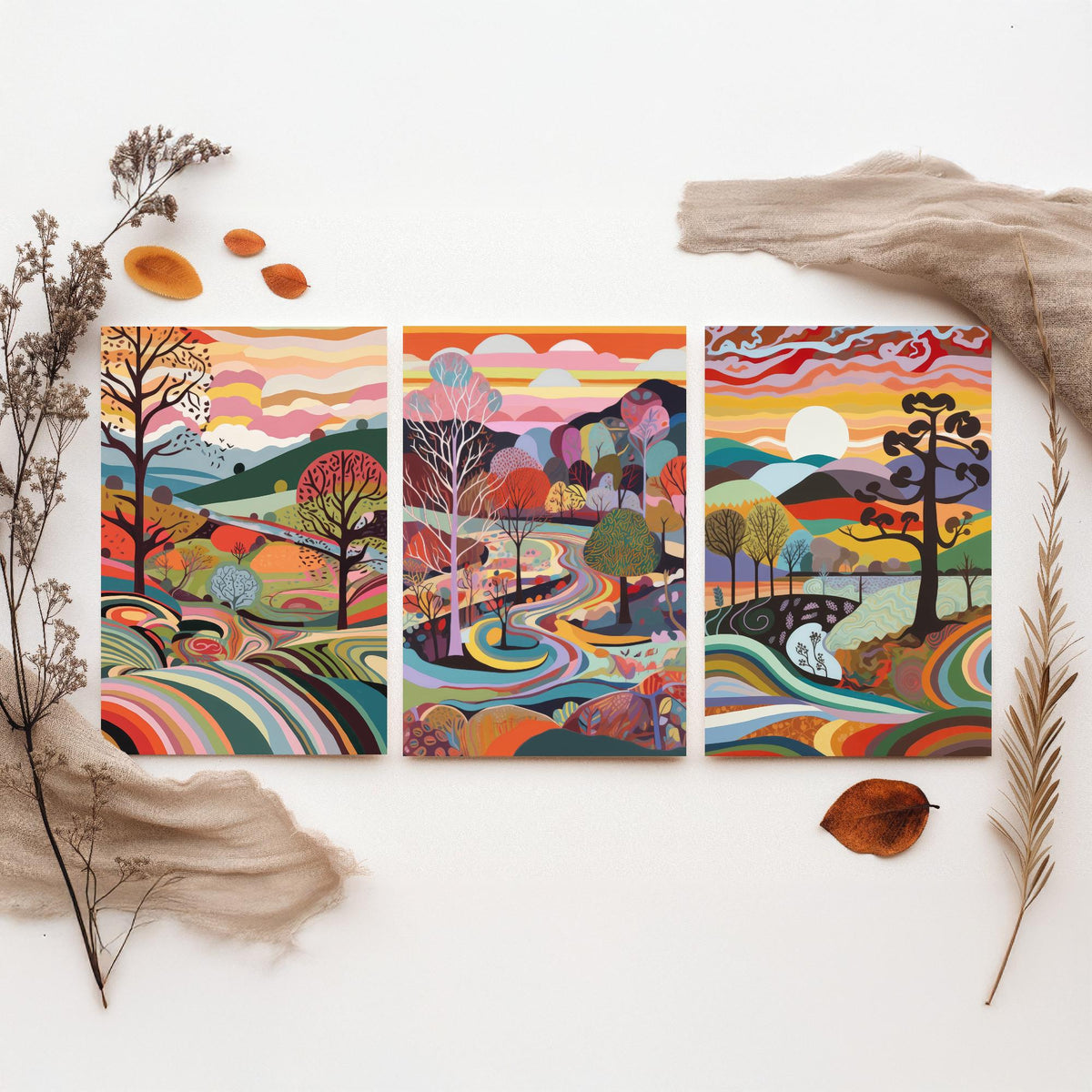 Rainbow Swirl Landscape Drawing Set of Three Art Prints - Trees, Hills and River - Psychedelic Folk Countryside Poster Illustration