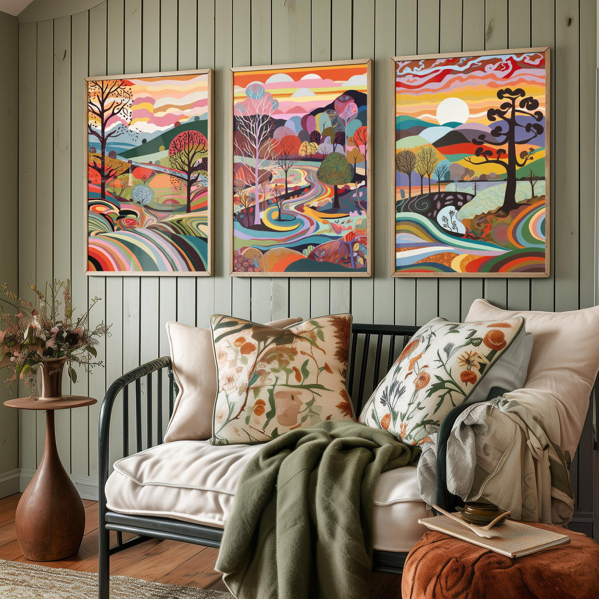 Rainbow Swirl Landscape Drawing Set of Three Art Prints - Trees, Hills and River - Psychedelic Folk Countryside Poster Illustration