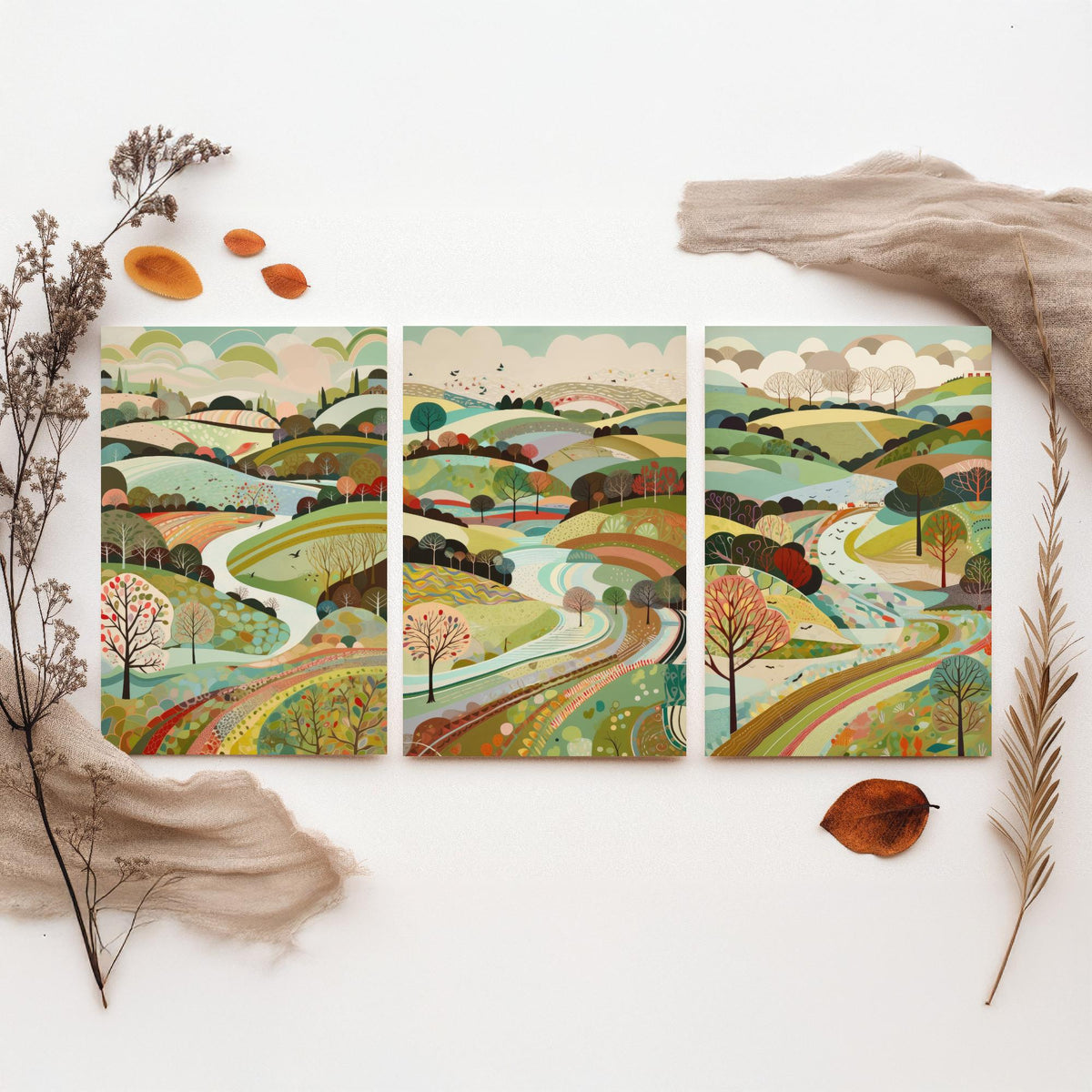 Multicolour Landscape Drawing Set of Three Art Prints - Trees, Hills and Winding Road - Rolling Folk Countryside Poster Illustration