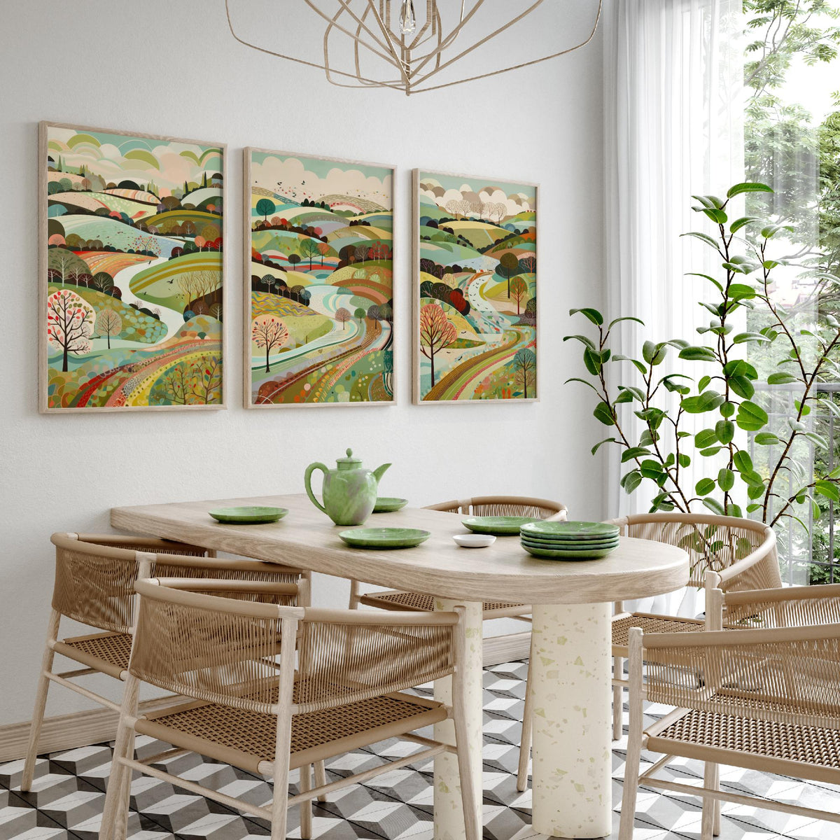 Multicolour Landscape Drawing Set of Three Art Prints - Trees, Hills and Winding Road - Rolling Folk Countryside Poster Illustration