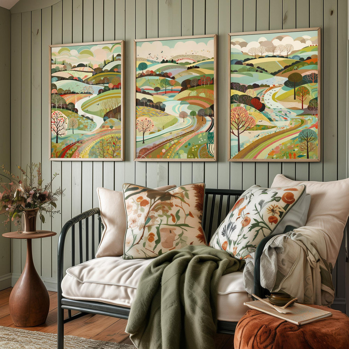 Multicolour Landscape Drawing Set of Three Art Prints - Trees, Hills and Winding Road - Rolling Folk Countryside Poster Illustration