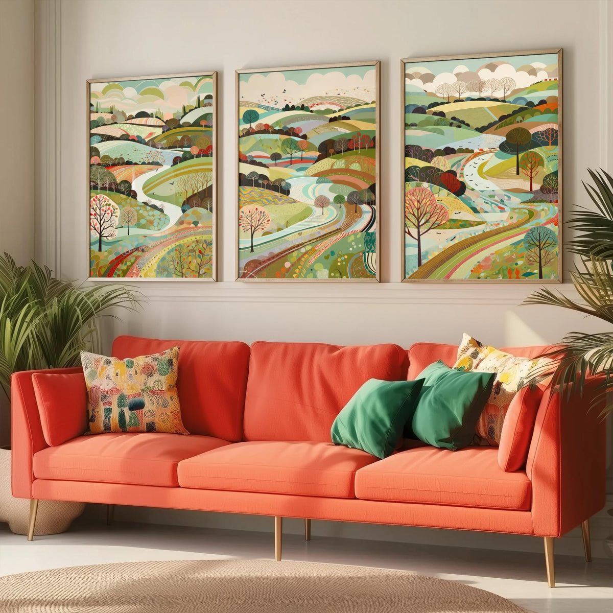 Multicolour Landscape Drawing Set of Three Art Prints - Trees, Hills and Winding Road - Rolling Folk Countryside Poster Illustration