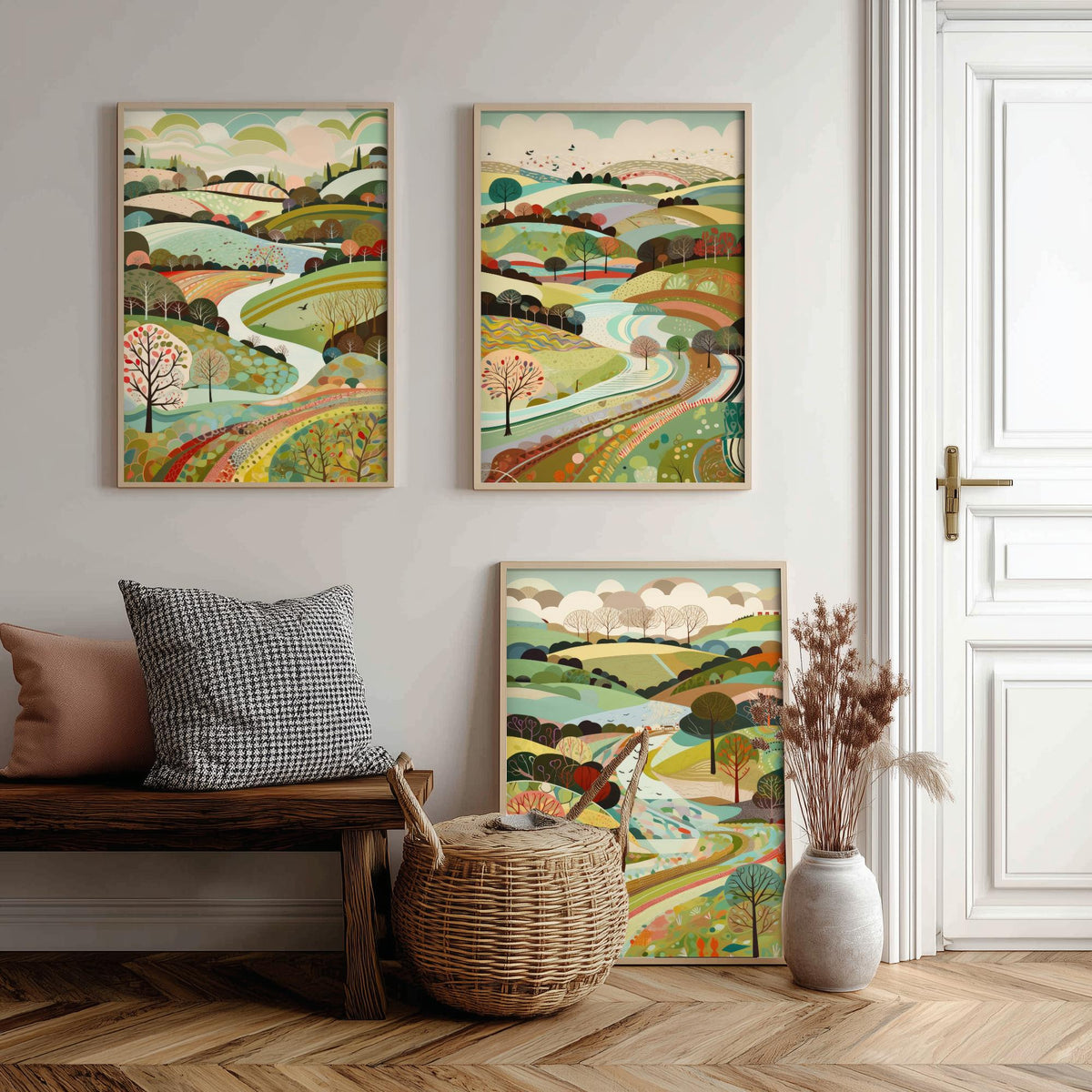 Multicolour Landscape Drawing Set of Three Art Prints - Trees, Hills and Winding Road - Rolling Folk Countryside Poster Illustration