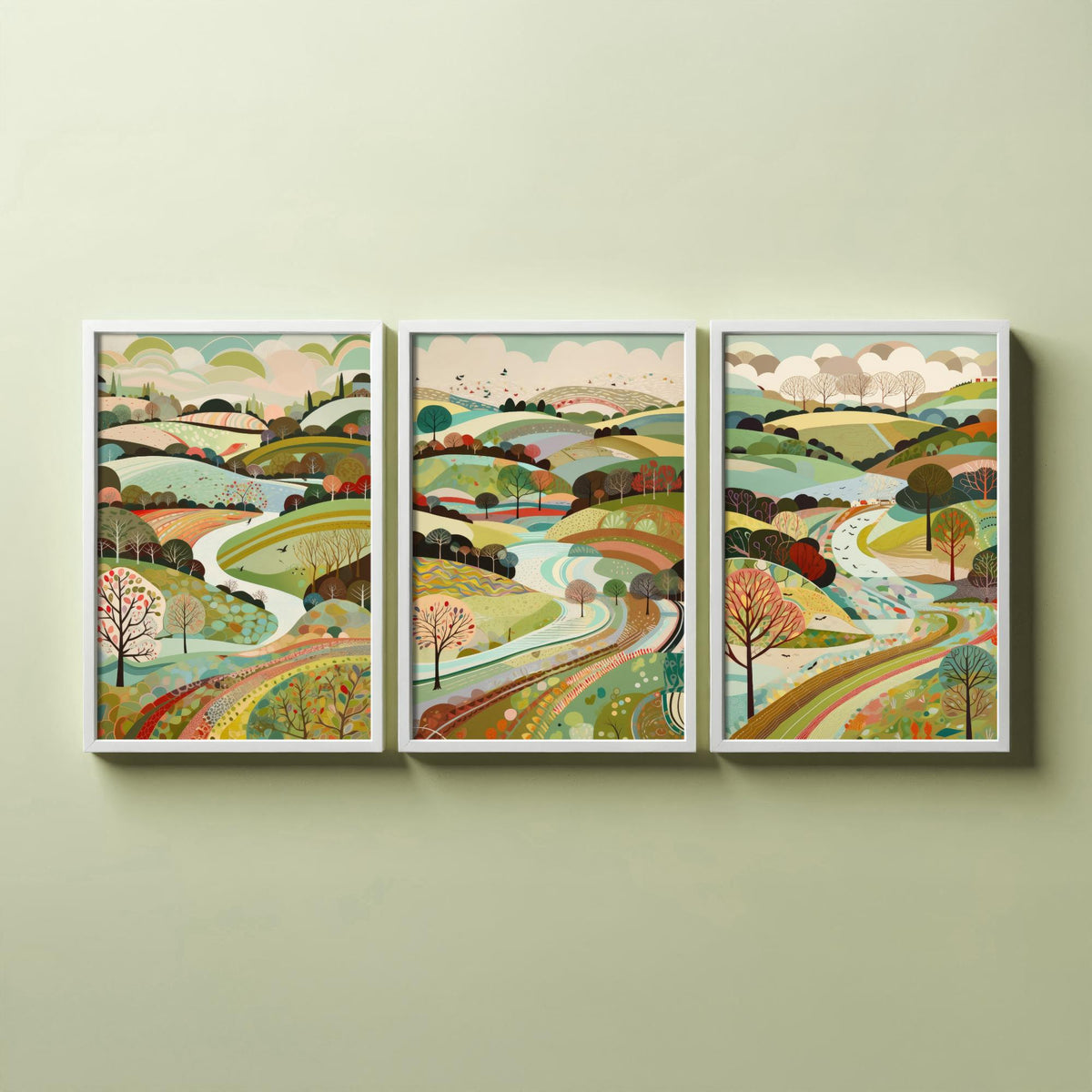 Multicolour Landscape Drawing Set of Three Art Prints - Trees, Hills and Winding Road - Rolling Folk Countryside Poster Illustration