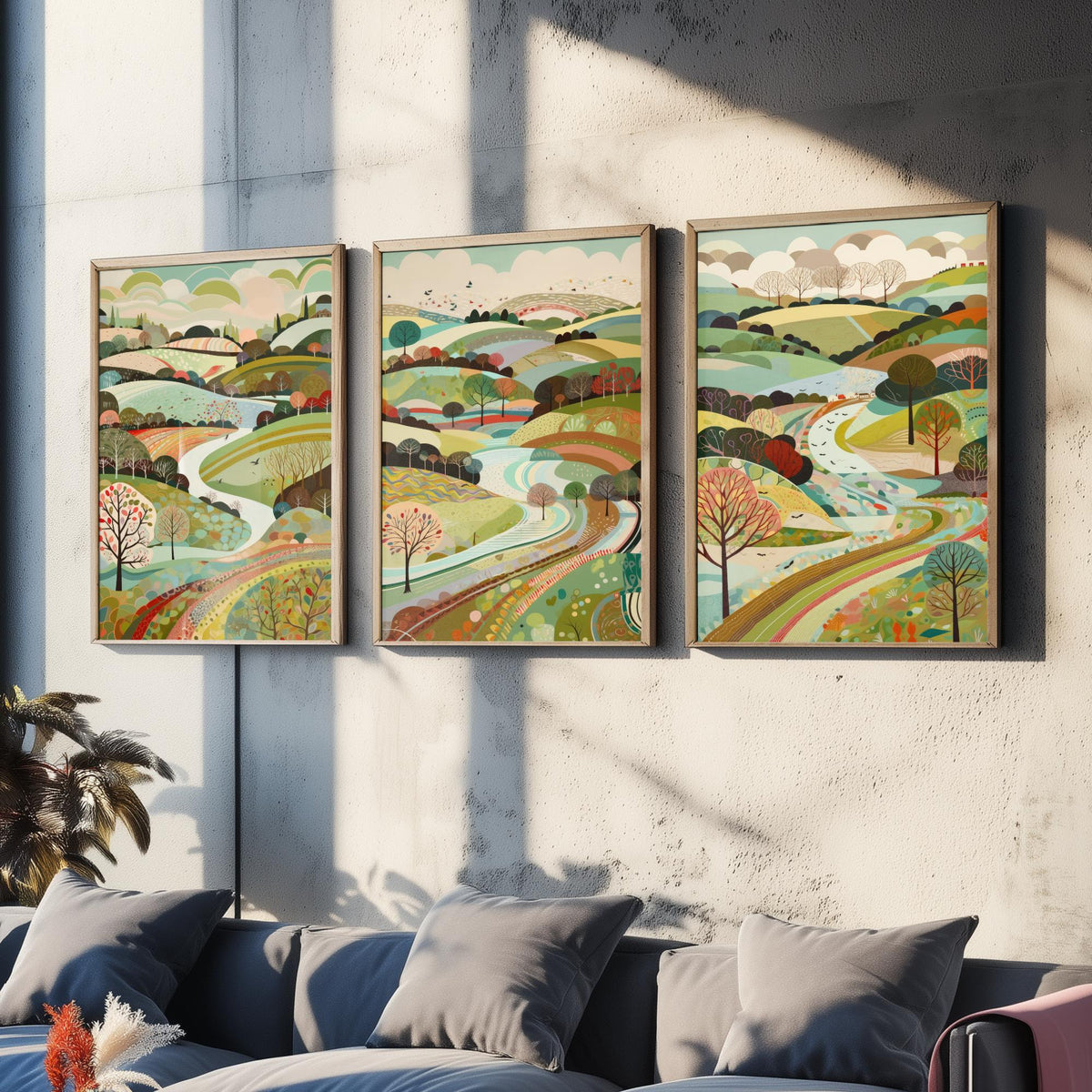 Multicolour Landscape Drawing Set of Three Art Prints - Trees, Hills and Winding Road - Rolling Folk Countryside Poster Illustration