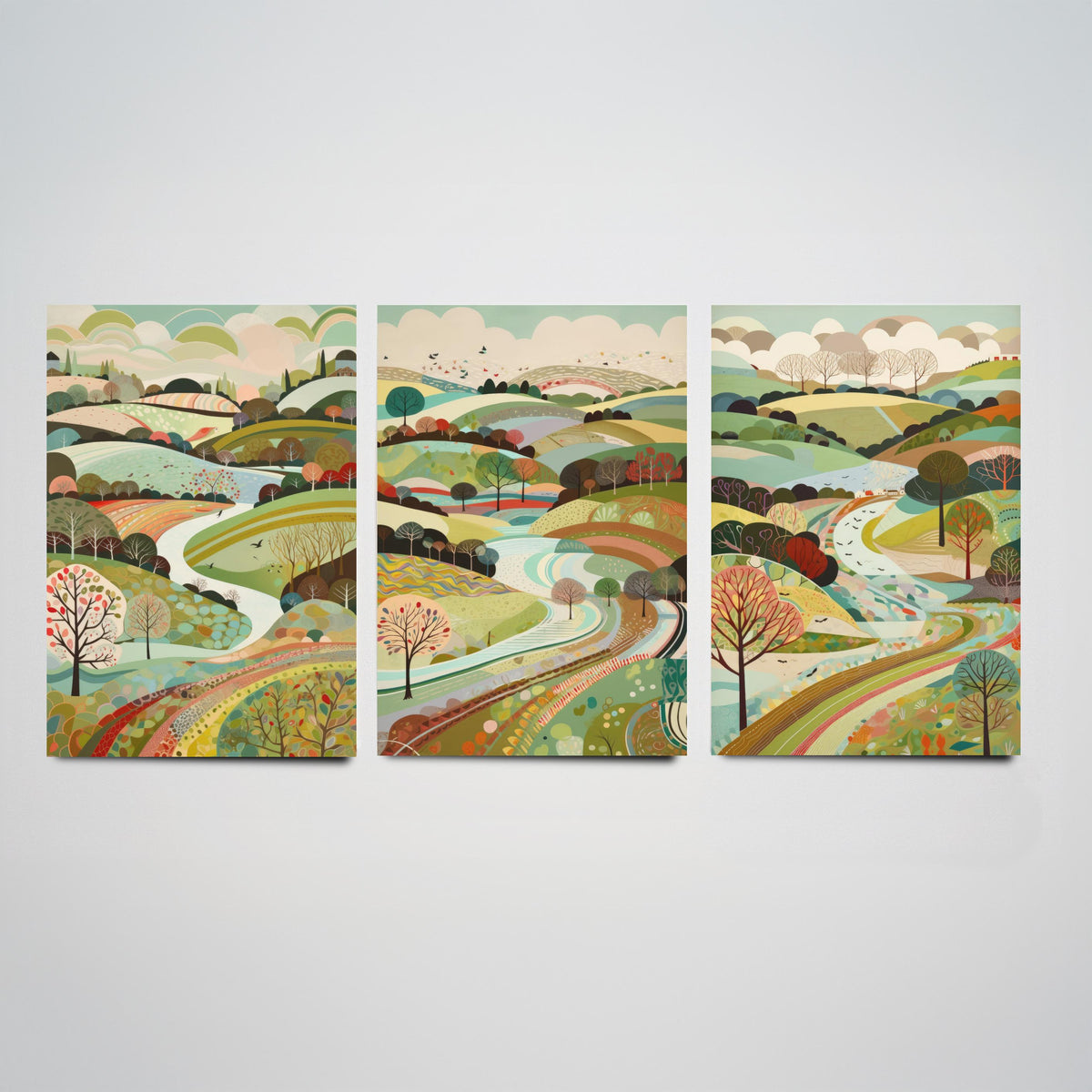 Multicolour Landscape Drawing Set of Three Art Prints - Trees, Hills and Winding Road - Rolling Folk Countryside Poster Illustration