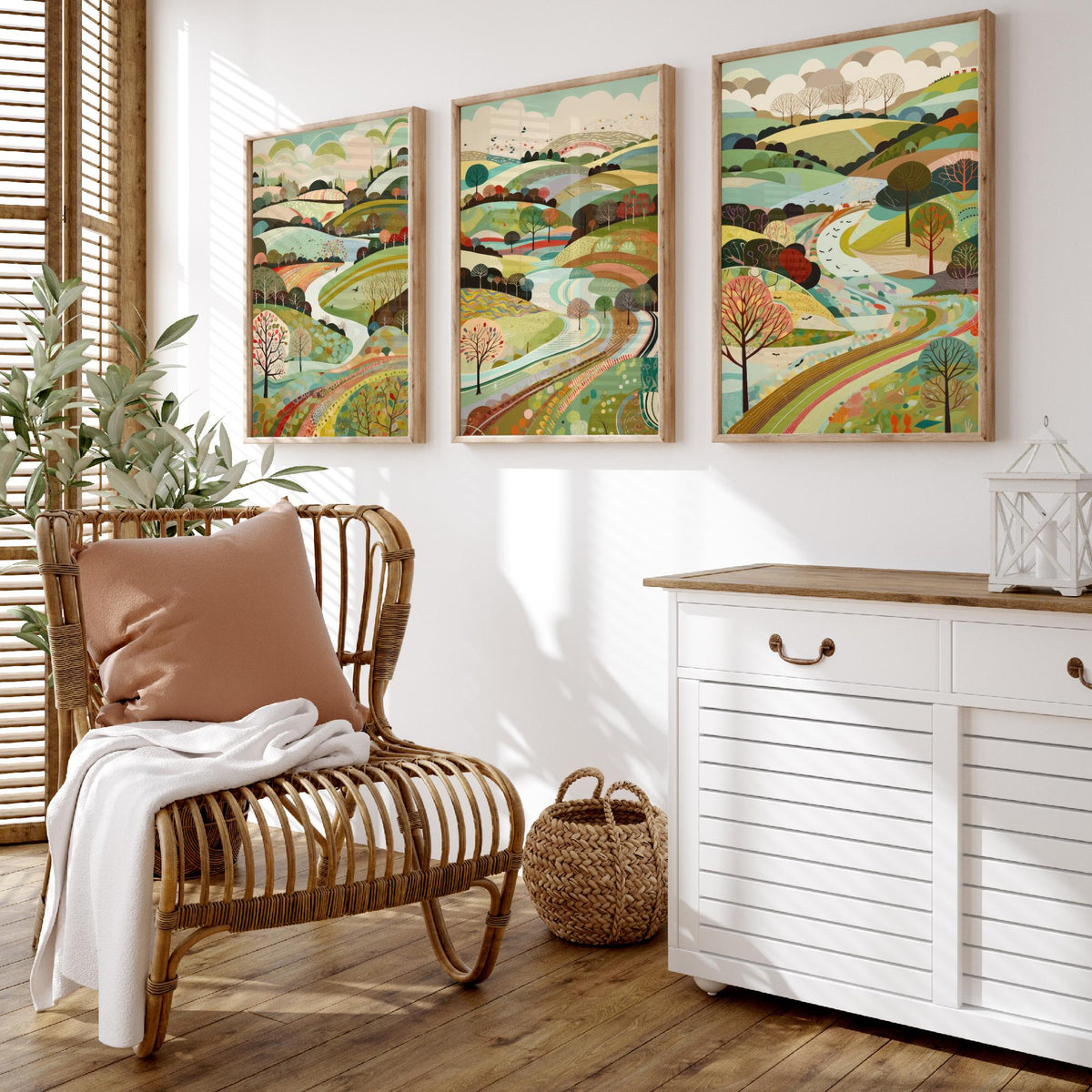 Multicolour Landscape Drawing Set of Three Art Prints - Trees, Hills and Winding Road - Rolling Folk Countryside Poster Illustration
