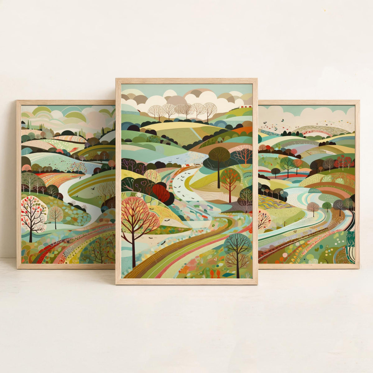 Multicolour Landscape Drawing Set of Three Art Prints - Trees, Hills and Winding Road - Rolling Folk Countryside Poster Illustration