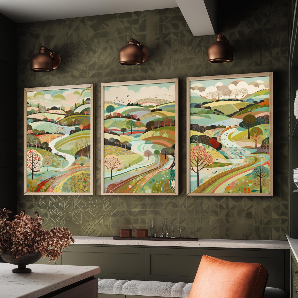 Multicolour Landscape Drawing Set of Three Art Prints - Trees, Hills and Winding Road - Rolling Folk Countryside Poster Illustration
