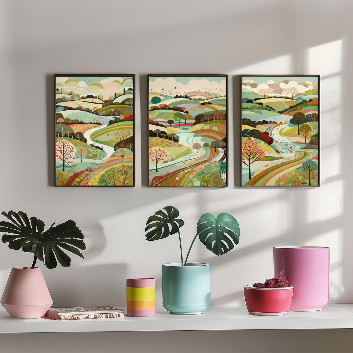 Multicolour Landscape Drawing Set of Three Art Prints - Trees, Hills and Winding Road - Rolling Folk Countryside Poster Illustration