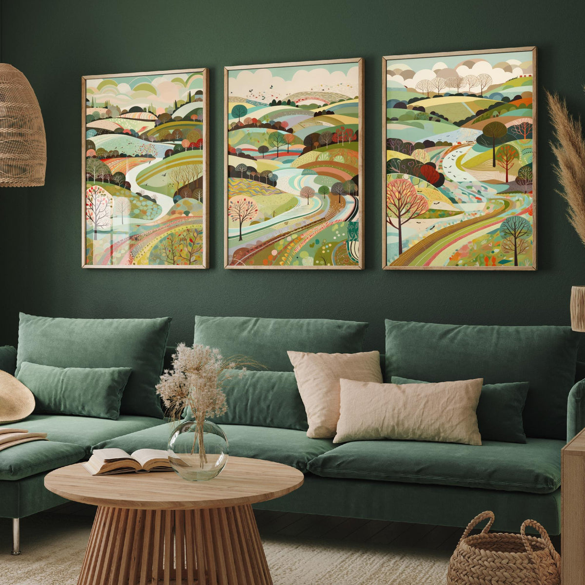 Multicolour Landscape Drawing Set of Three Art Prints - Trees, Hills and Winding Road - Rolling Folk Countryside Poster Illustration