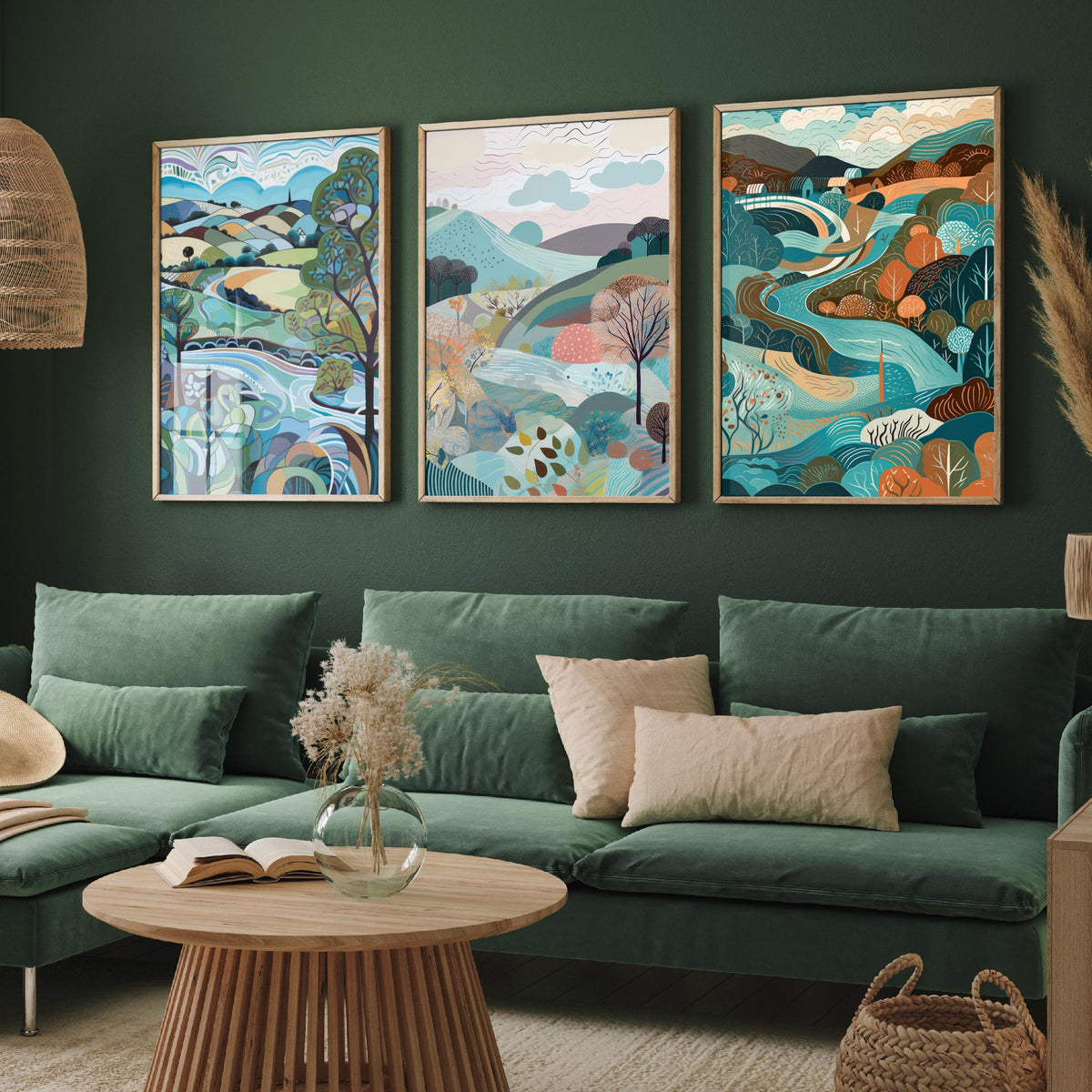 Blue Landscape Drawing Set of Three Art Prints - Trees, Hills and River - Swirling Folk Countryside Poster Illustration