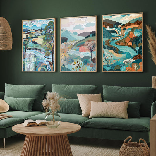 Blue Landscape Drawing Set of Three Art Prints - Trees, Hills and River - Swirling Folk Countryside Poster Illustration
