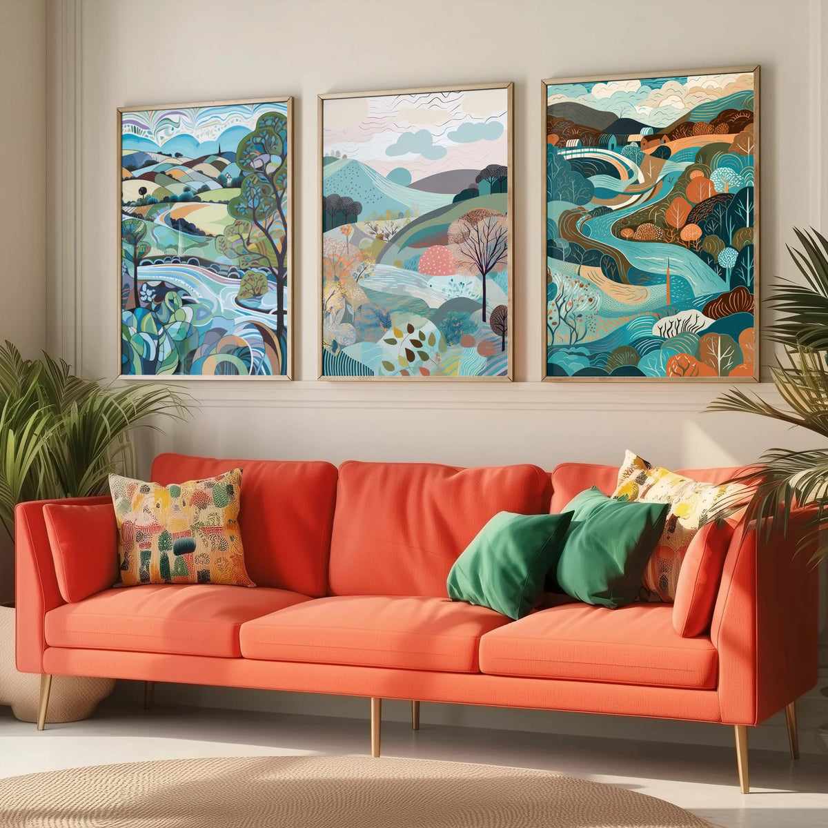 Blue Landscape Drawing Set of Three Art Prints - Trees, Hills and River - Swirling Folk Countryside Poster Illustration