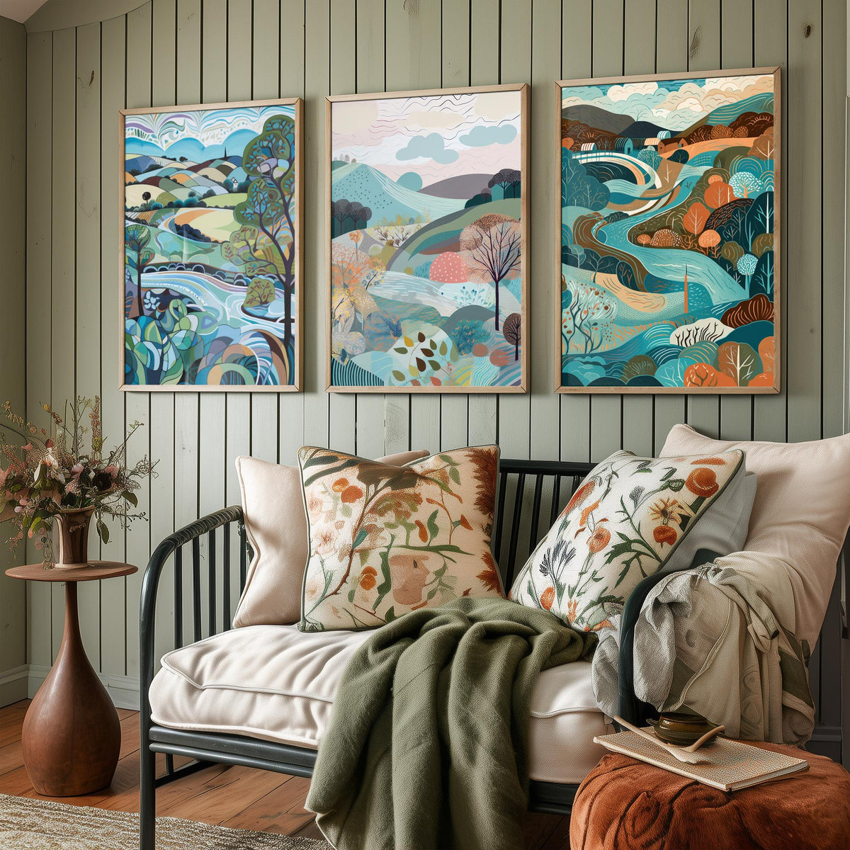 Blue Landscape Drawing Set of Three Art Prints - Trees, Hills and River - Swirling Folk Countryside Poster Illustration