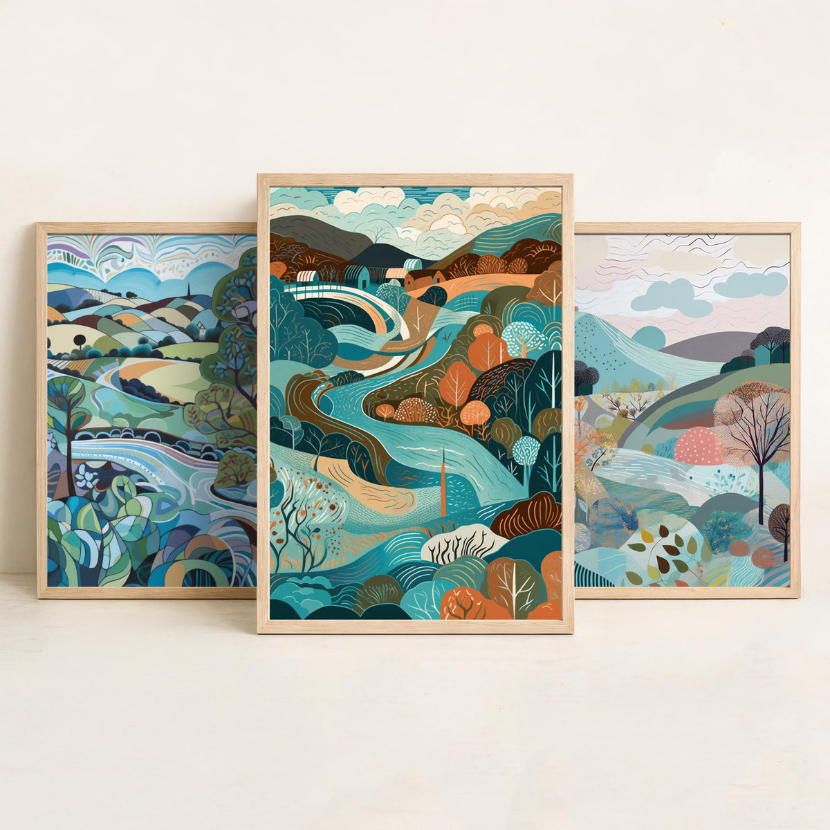 Blue Landscape Drawing Set of Three Art Prints - Trees, Hills and River - Swirling Folk Countryside Poster Illustration
