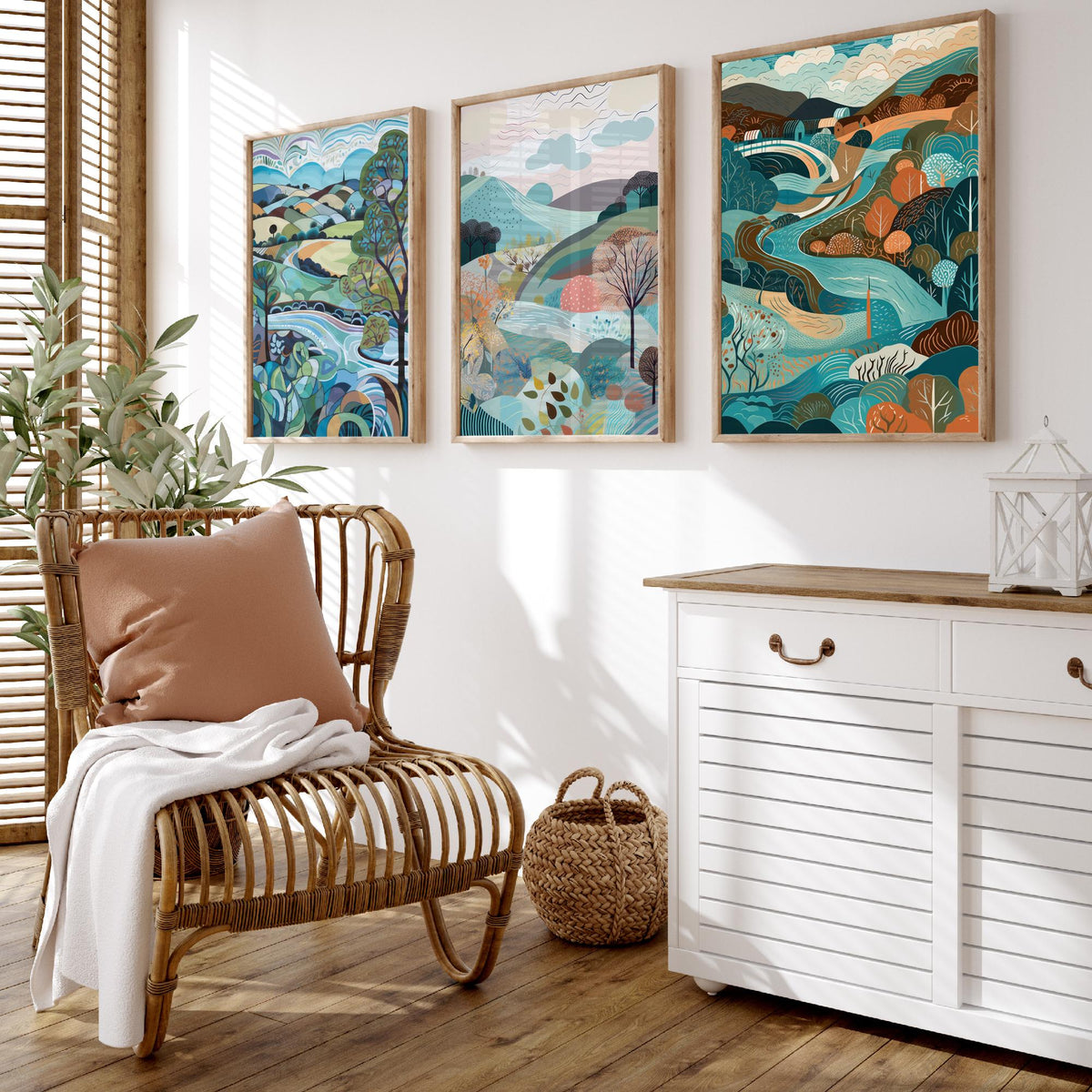 Blue Landscape Drawing Set of Three Art Prints - Trees, Hills and River - Swirling Folk Countryside Poster Illustration