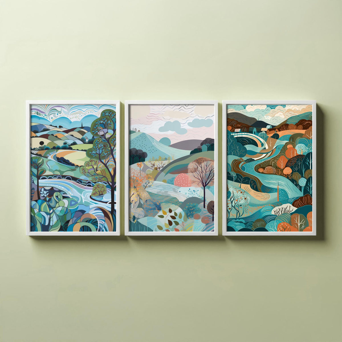 Blue Landscape Drawing Set of Three Art Prints - Trees, Hills and River - Swirling Folk Countryside Poster Illustration