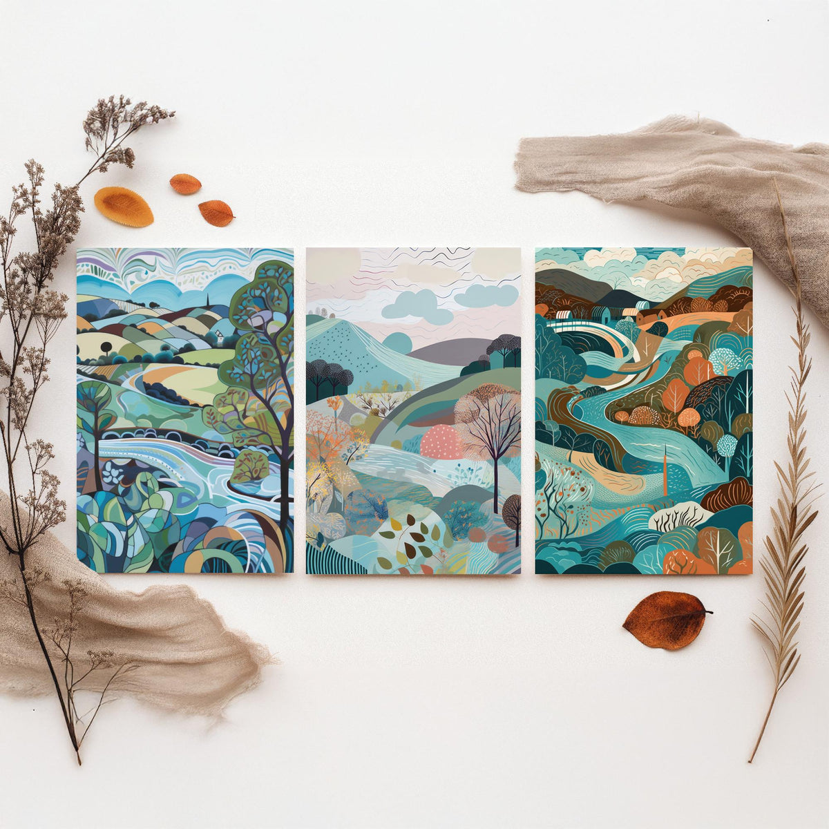 Blue Landscape Drawing Set of Three Art Prints - Trees, Hills and River - Swirling Folk Countryside Poster Illustration