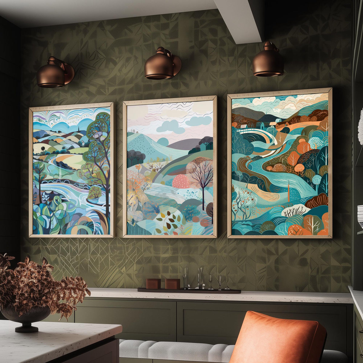 Blue Landscape Drawing Set of Three Art Prints - Trees, Hills and River - Swirling Folk Countryside Poster Illustration